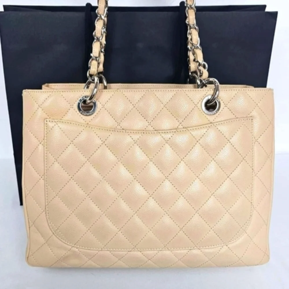 Chanel GST Caviar Beige/ Cream Quilted Tote/Shoulder Bag